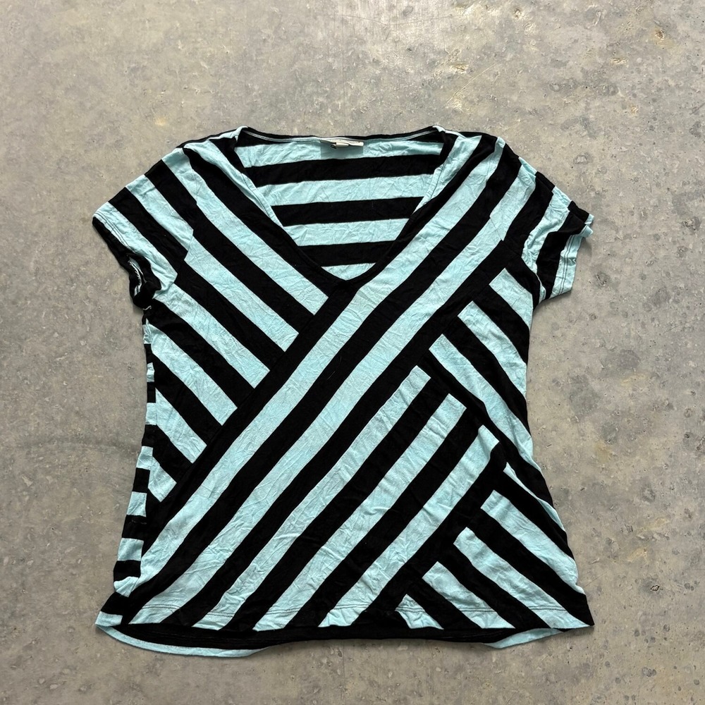 Dana Buchman T-Shirt Womens Large Blue Black Excellent Striped V-Neck Tee